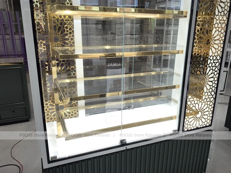 Illuminated Perfume Cabinet With Gold Floral Side Panels