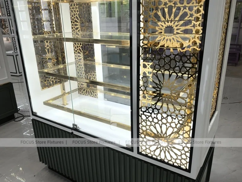 Illuminated Perfume Cabinet With Gold Floral Side Panels
