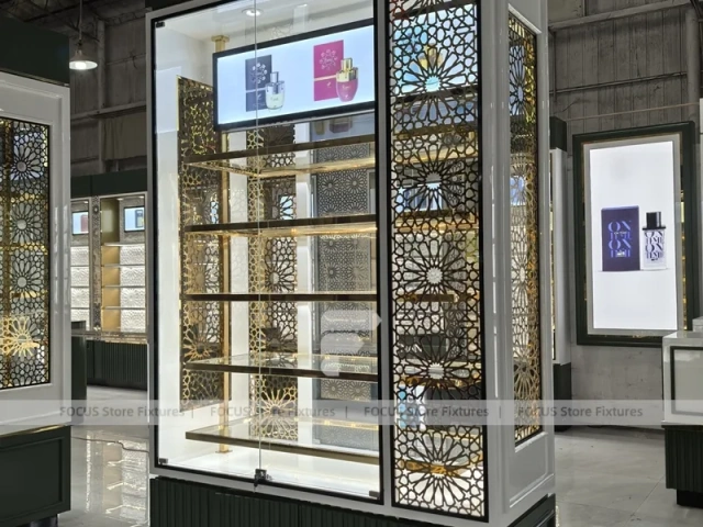 Illuminated Perfume Cabinet With Gold Floral Side Panels
