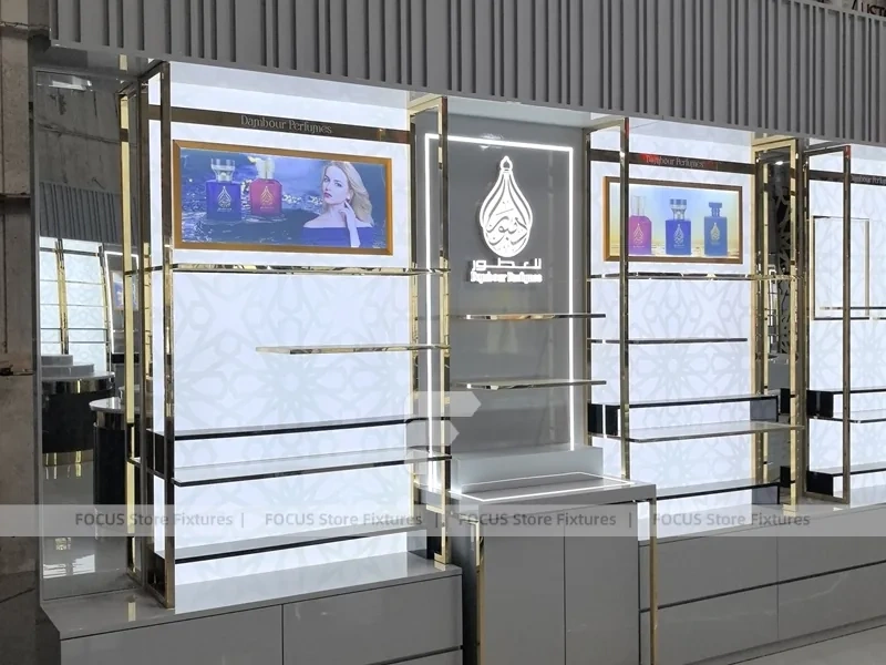 Illuminated Perfume Showcase Wall With Digital Lightboxes