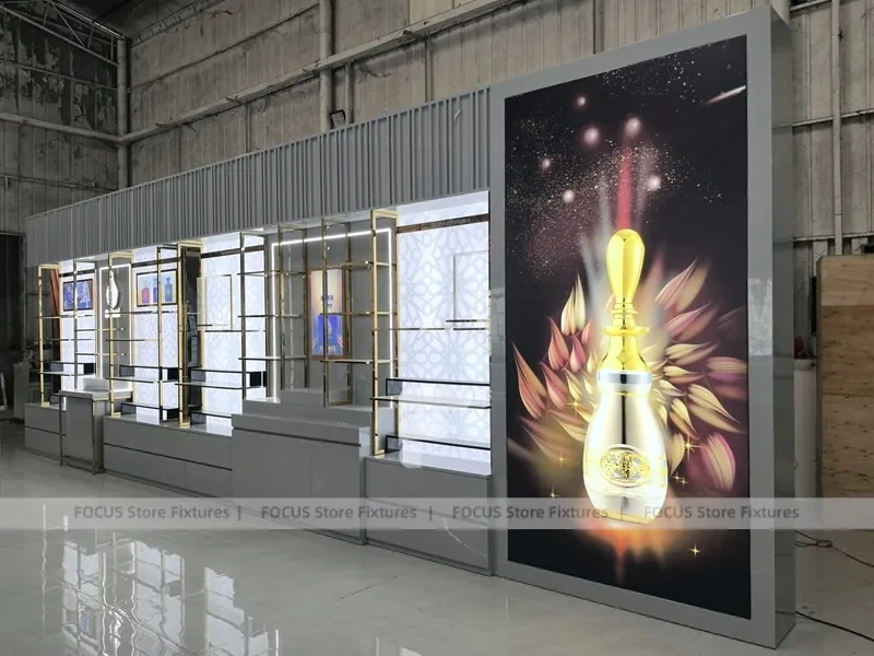 Illuminated Perfume Showcase Wall With Digital Lightboxes