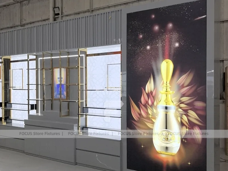 Illuminated Perfume Showcase Wall With Digital Lightboxes