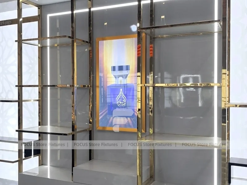Illuminated Perfume Showcase Wall With Digital Lightboxes