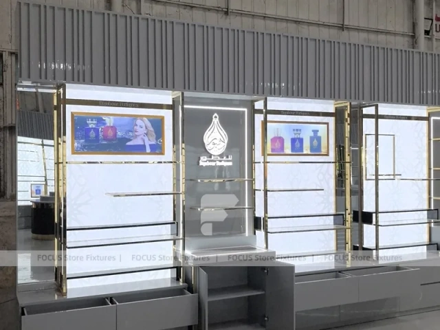 Illuminated Perfume Showcase Wall With Digital Lightboxes