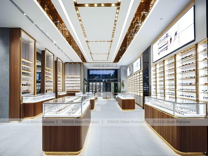 Linear Walnut Eyewear Retail Gallery with Multi-Island Merchandising