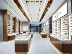 Linear Walnut Eyewear Retail Gallery with Multi-Island Merchandising
