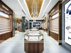 Linear Walnut Eyewear Retail Gallery with Multi-Island Merchandising