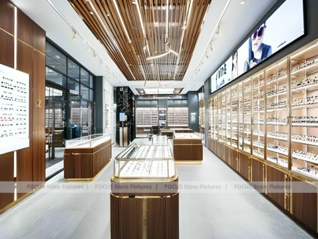 Linear Walnut Eyewear Retail Gallery with Multi-Island Merchandising