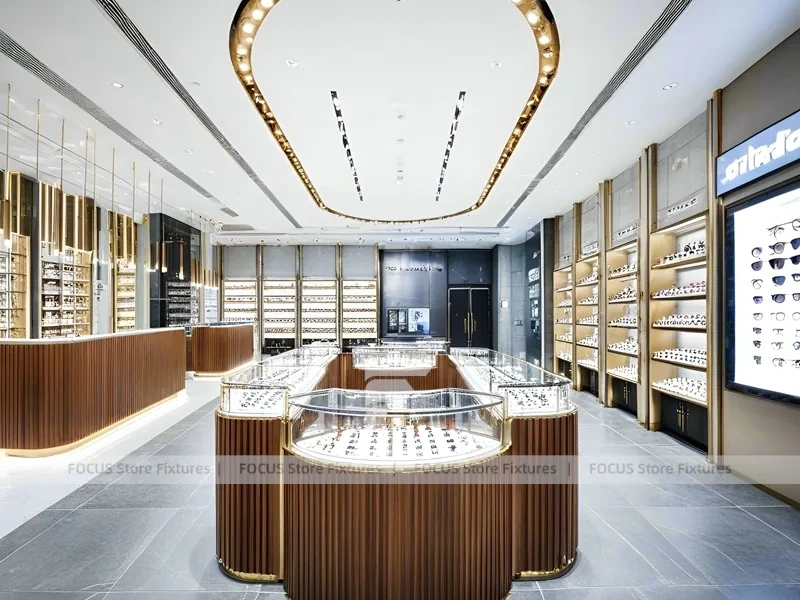 Linear Walnut Eyewear Retail Gallery with Multi-Island Merchandising