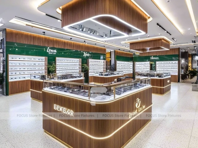 Linear Walnut Vision Boutique System with Multi-Island Merchandising