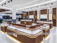 Linear Walnut Vision Boutique System with Multi-Island Merchandising
