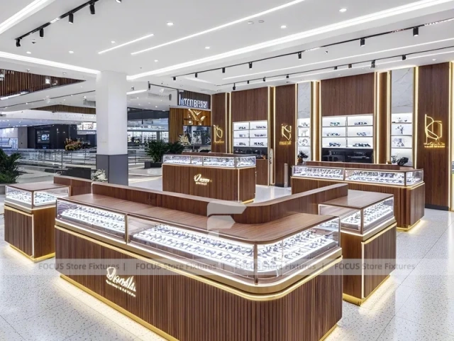 Linear Walnut Vision Boutique System with Multi-Island Merchandising