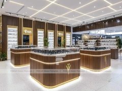 Linear Walnut Vision Boutique System with Multi-Island Merchandising