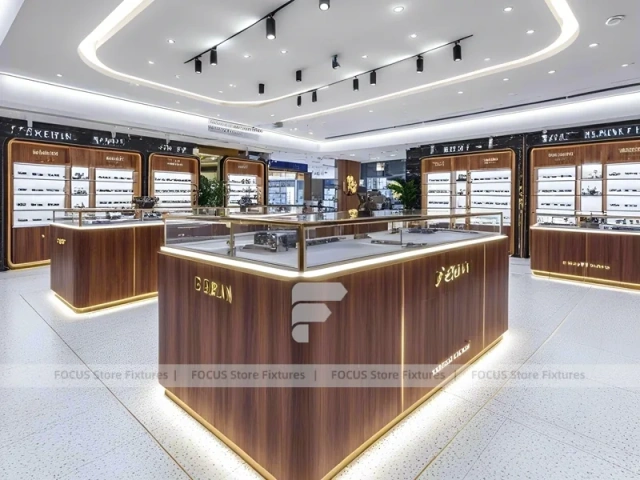 Linear Walnut Vision Boutique System with Multi-Island Merchandising