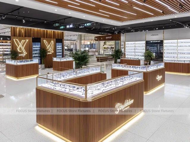 Linear Walnut Vision Boutique System with Multi-Island Merchandising