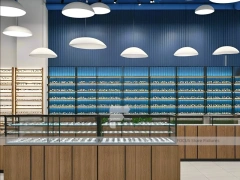 Midnight Eyewear Display Wall with Blue Brand Backdrop