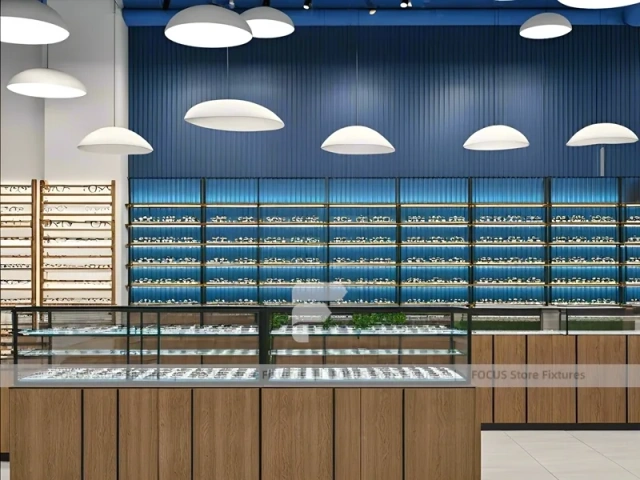 Midnight Eyewear Display Wall with Blue Brand Backdrop