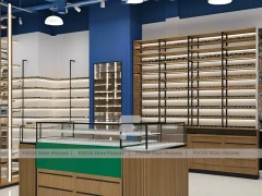 Midnight Eyewear Display Wall with Blue Brand Backdrop
