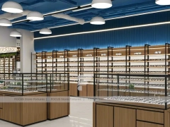 Midnight Eyewear Display Wall with Blue Brand Backdrop