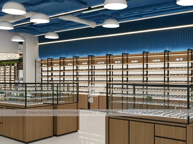 Midnight Eyewear Display Wall with Blue Brand Backdrop