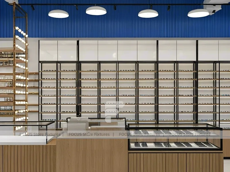 Midnight Eyewear Display Wall with Blue Brand Backdrop