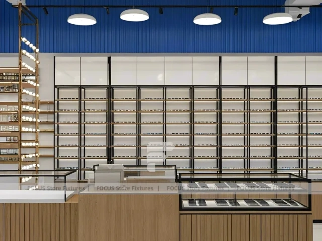 Midnight Eyewear Display Wall with Blue Brand Backdrop