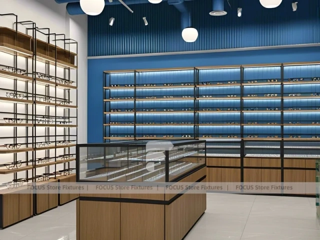 Midnight Eyewear Display Wall with Blue Brand Backdrop