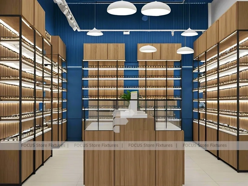 Midnight Eyewear Display Wall with Blue Brand Backdrop