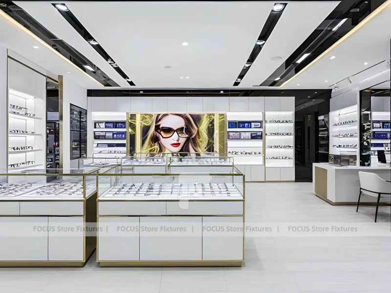 Minimal White Eyewear Boutique Interior with Glass Service Island