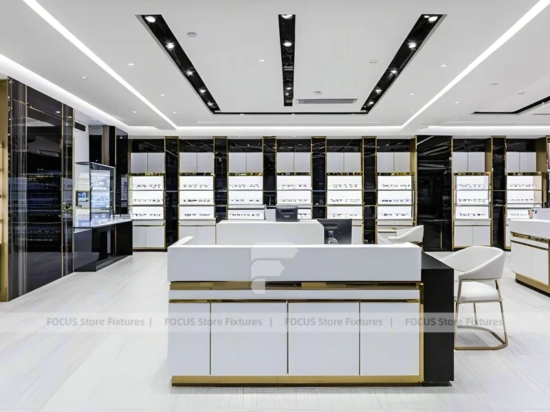 Minimal White Eyewear Boutique Interior with Glass Service Island