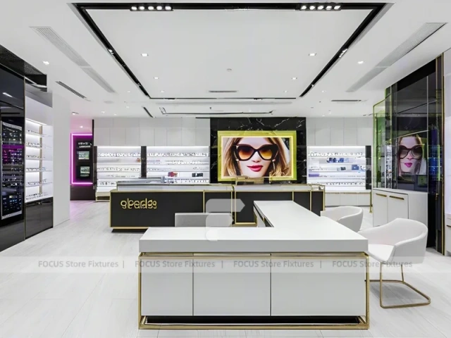 Minimal White Eyewear Boutique Interior with Glass Service Island