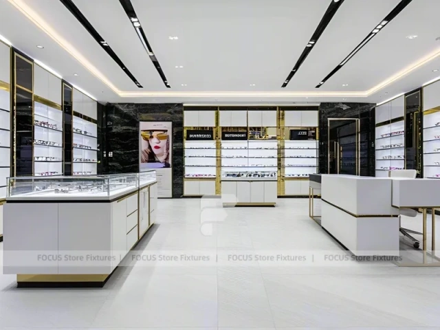 Minimal White Eyewear Boutique Interior with Glass Service Island