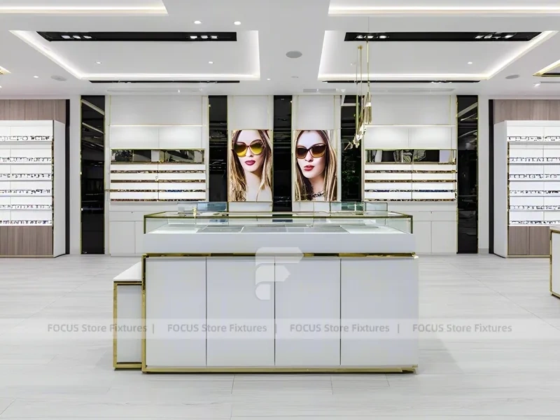 Minimal White Eyewear Boutique Interior with Glass Service Island