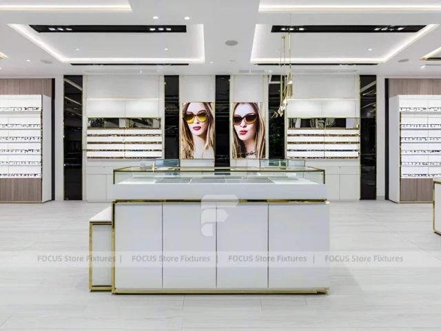 Minimal White Eyewear Boutique Interior with Glass Service Island