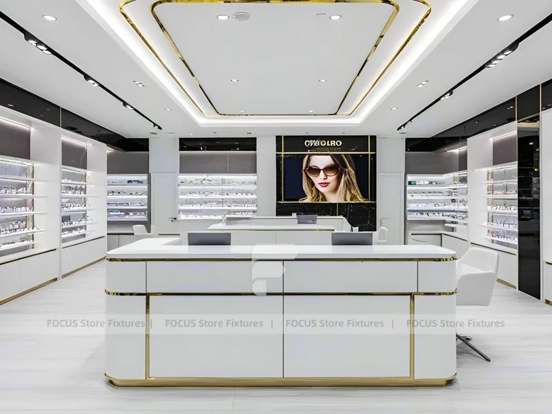 Minimal White Eyewear Boutique Interior with Glass Service Island