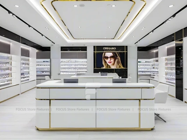 Minimal White Eyewear Boutique Interior with Glass Service Island