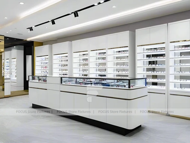 Minimal White Optical Wall Display with Glass Service Island