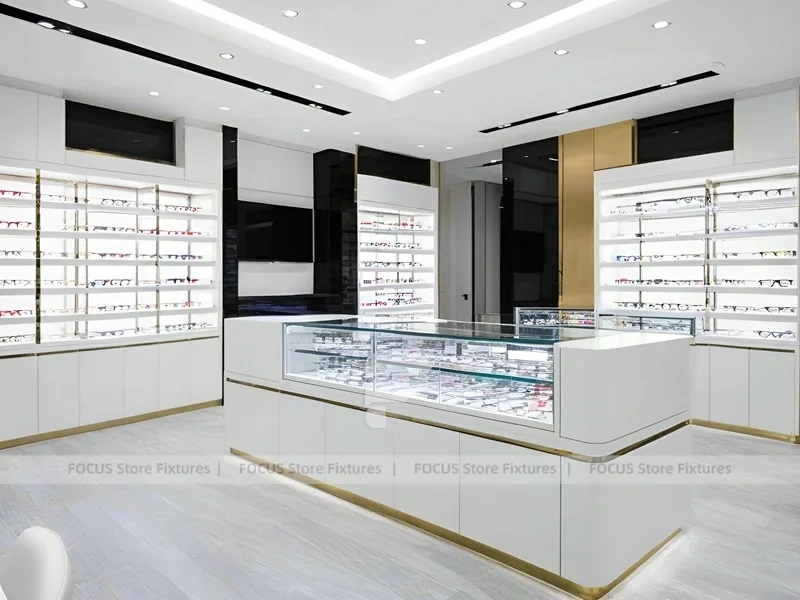 Minimal White Optical Wall Display with Glass Service Island