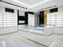 Minimal White Optical Wall Display with Glass Service Island