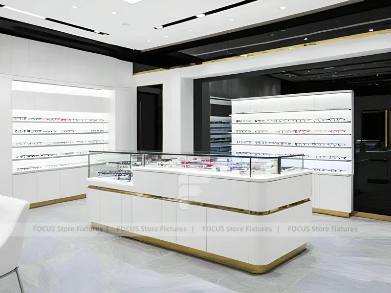 Minimal White Optical Wall Display with Glass Service Island