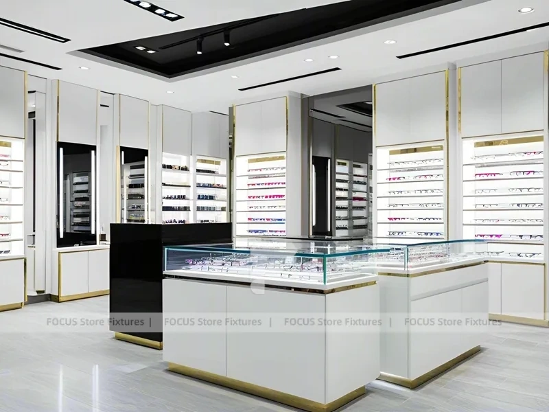 Minimal White Optical Wall Display with Glass Service Island