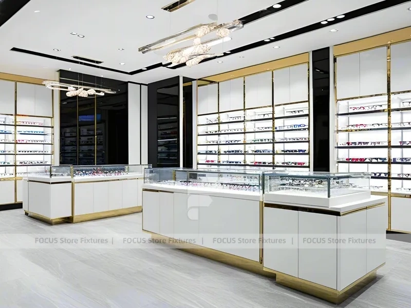 Minimal White Optical Wall Display with Glass Service Island