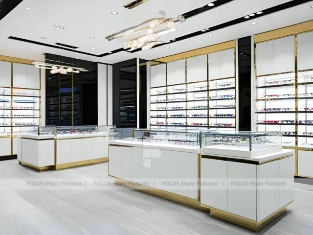 Minimal White Optical Wall Display with Glass Service Island