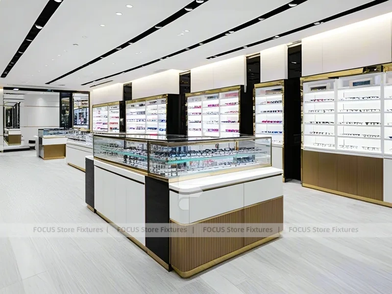 Minimal White Optical Wall Display with Glass Service Island