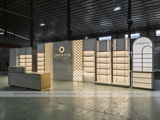 Minimal White Perfume Display Wall With Logo Counter