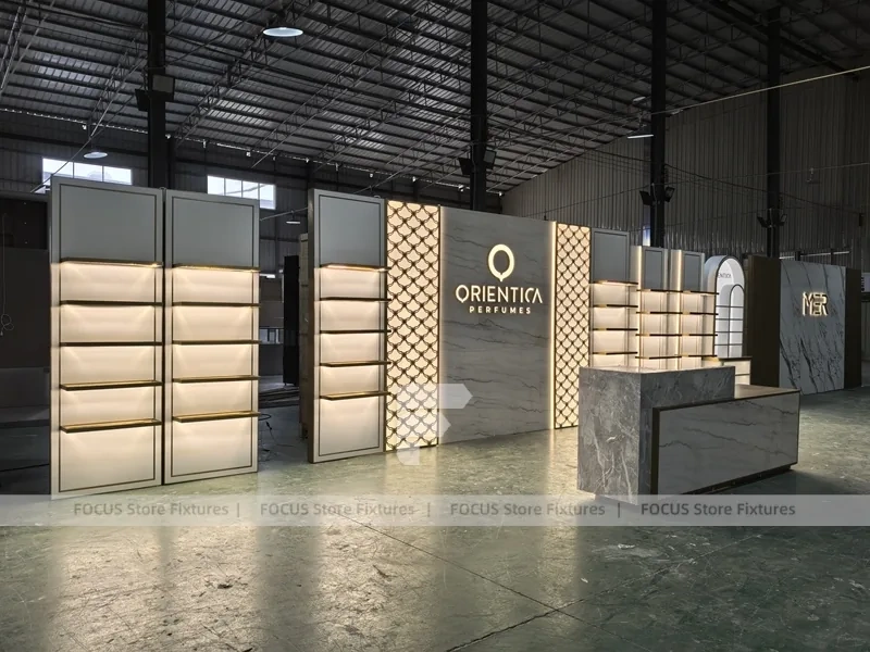 Minimal White Perfume Display Wall With Logo Counter