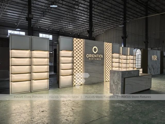 Minimal White Perfume Display Wall With Logo Counter
