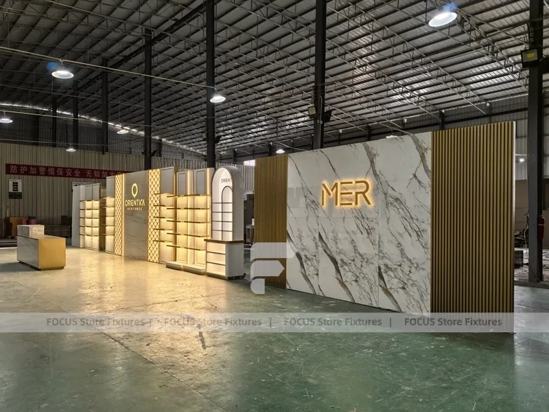 Minimal White Perfume Display Wall With Logo Counter