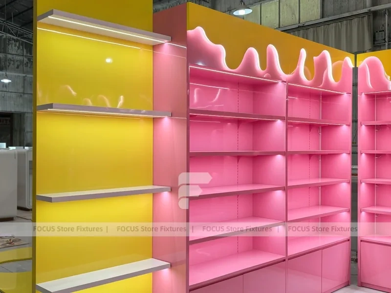Mint Candy Sweet Retail Gondola with Soft-Lit Display Frames