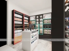 Modern White Perfume Display With Red Accent Shelving